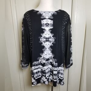 STYLE AND CO black white print metallic embellishment 3/4 sleeve tunic top L